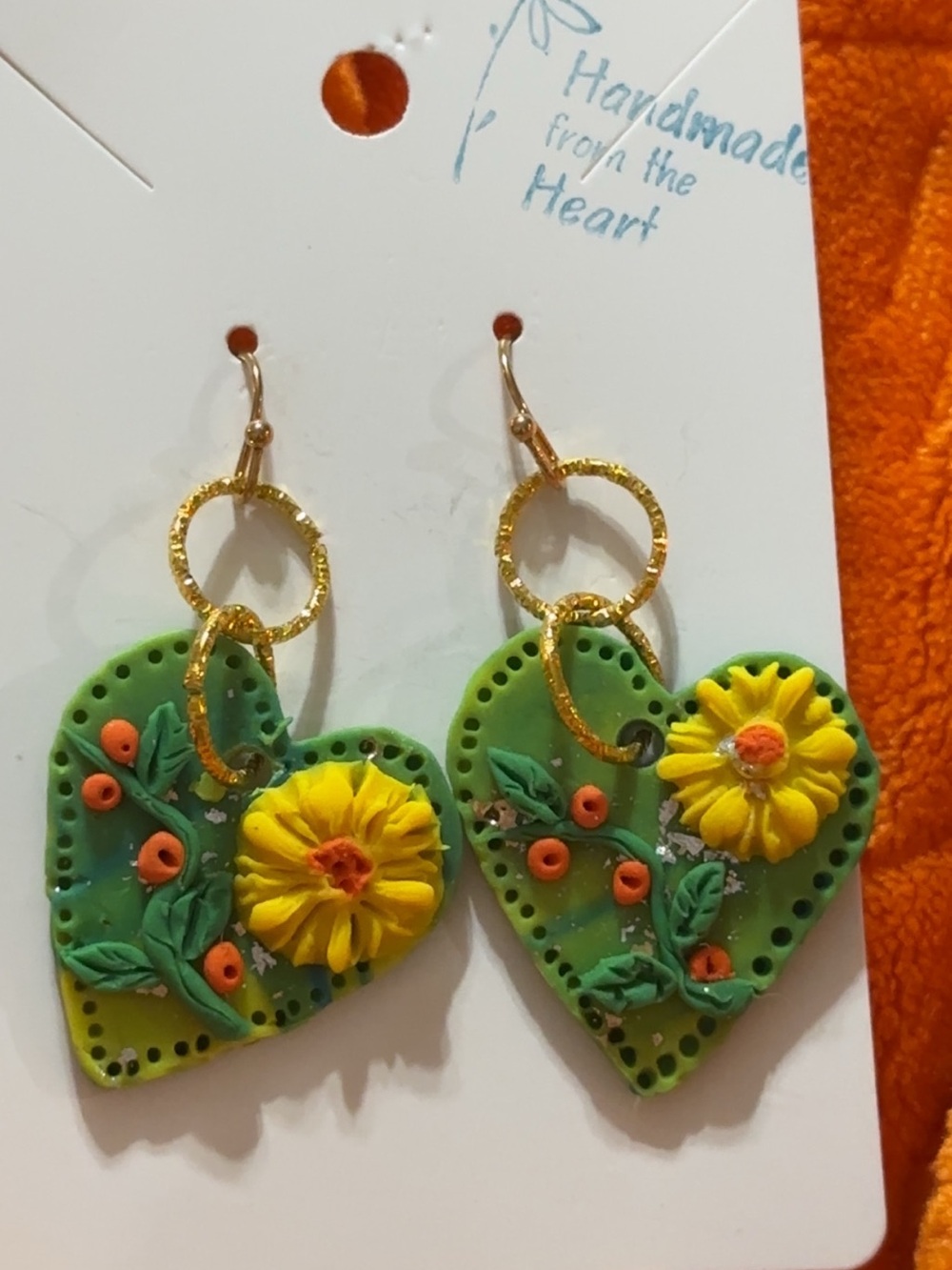Handmade Green Heart Flower Earrings with Yellow Daisy Accents
